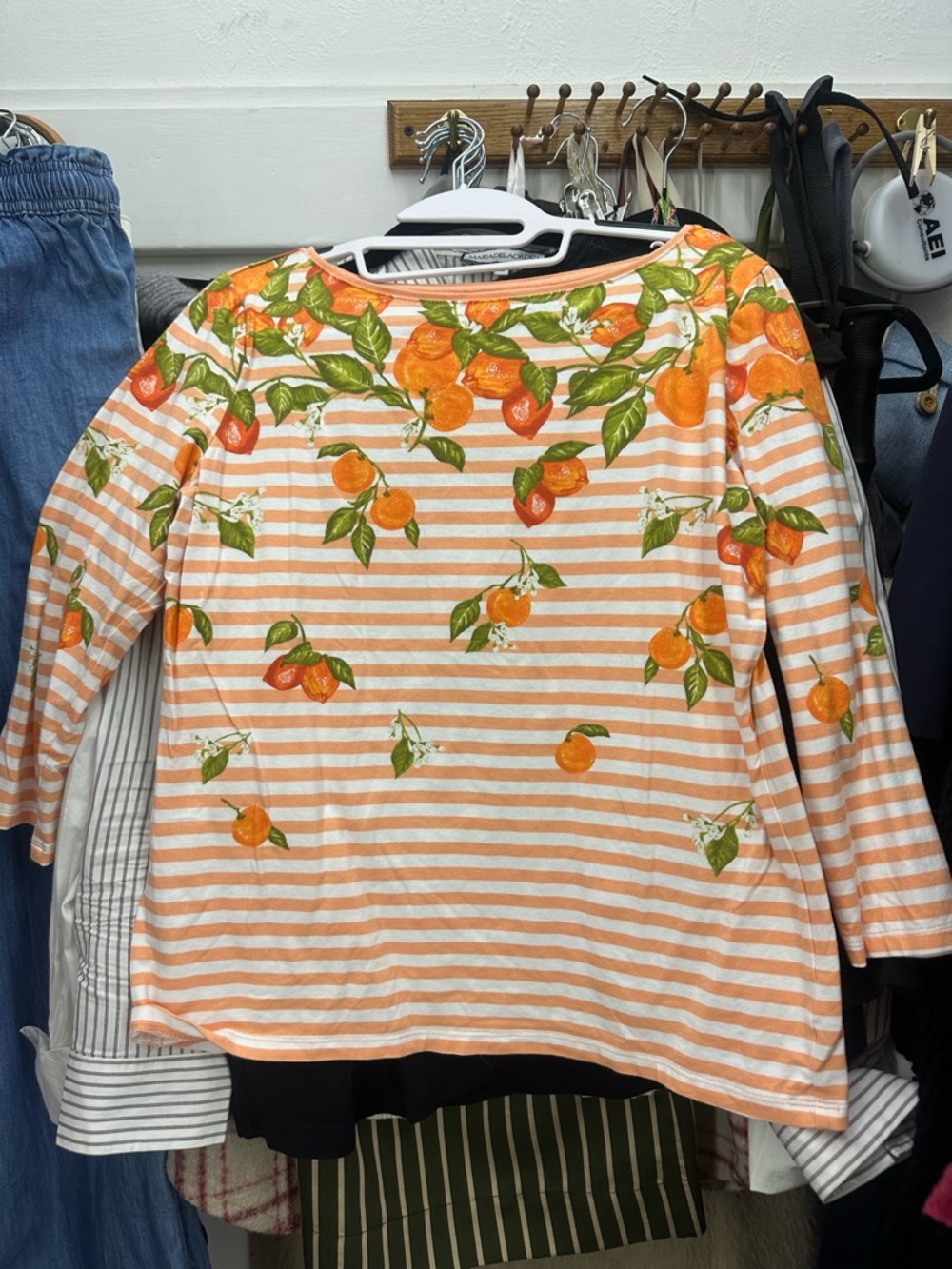 Talbots Orange & Cream Striped Citrus Print Long-Sleeve Top